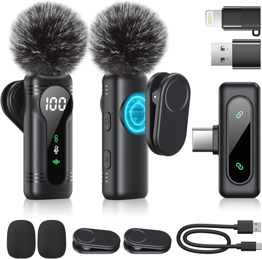Wireless Lavalier Microphone Dual Set – Plug & Play Clip-on Mic with Auto Pairing, Magnetic Mount, Noise Cancelling, for iPhone, Android, USB-C Devices, YouTube, Podcast & Video Recording