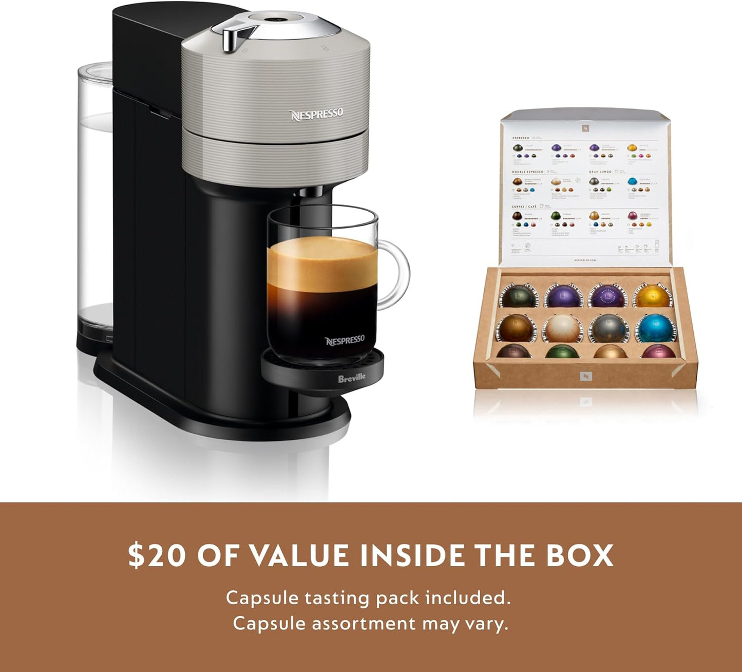 Nespresso Vertuo Next Coffee and Espresso Machine by Breville with Aeroccino Milk Frother - Light Grey