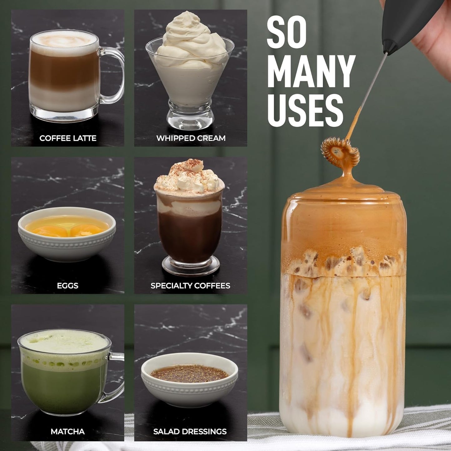 Zulay Milk Frother Complete Set Coffee Gift, Handheld Foam Maker for Lattes - Whisk Drink Mixer for Coffee, Mini Blender for Cappuccino, Frappe - Includes Frother, Stencils & Frothing Cup (Black)