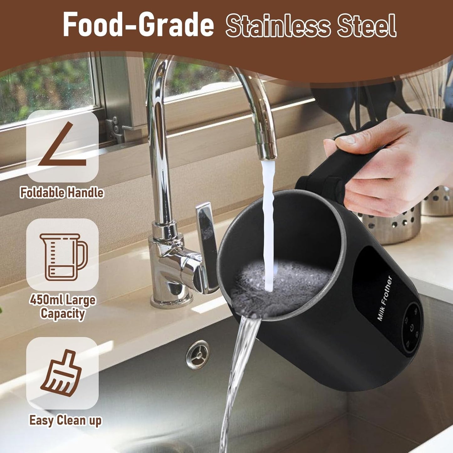 Milk Frother, 4 in 1 Frother for Coffee, 450ML Automatic Hot and Cold Foam Maker and Milk Warmer with 45 Degree Foldable Handle for Coffee, Latte, Hot Chocolate