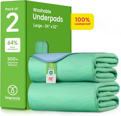 IMPROVIA® Washable Underpads, 34" x 36" (Pack of 4) - Heavy Absorbency Reusable Bedwetting Incontinence Pads for Kids, Adults, Elderly, and Pets - Waterproof Protective Pad for Bed, Couch, Sofa, Floor