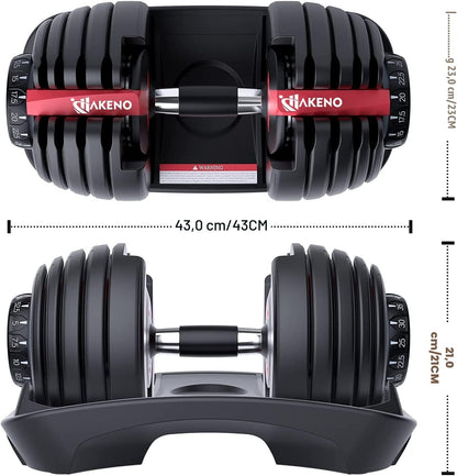 HAKENO 15 in 1 Adjustable Dumbbell 52.5lb with Fast Automatic Adjustable and Weight Plate for Body Workout Home Gym 52.5LB/24KG