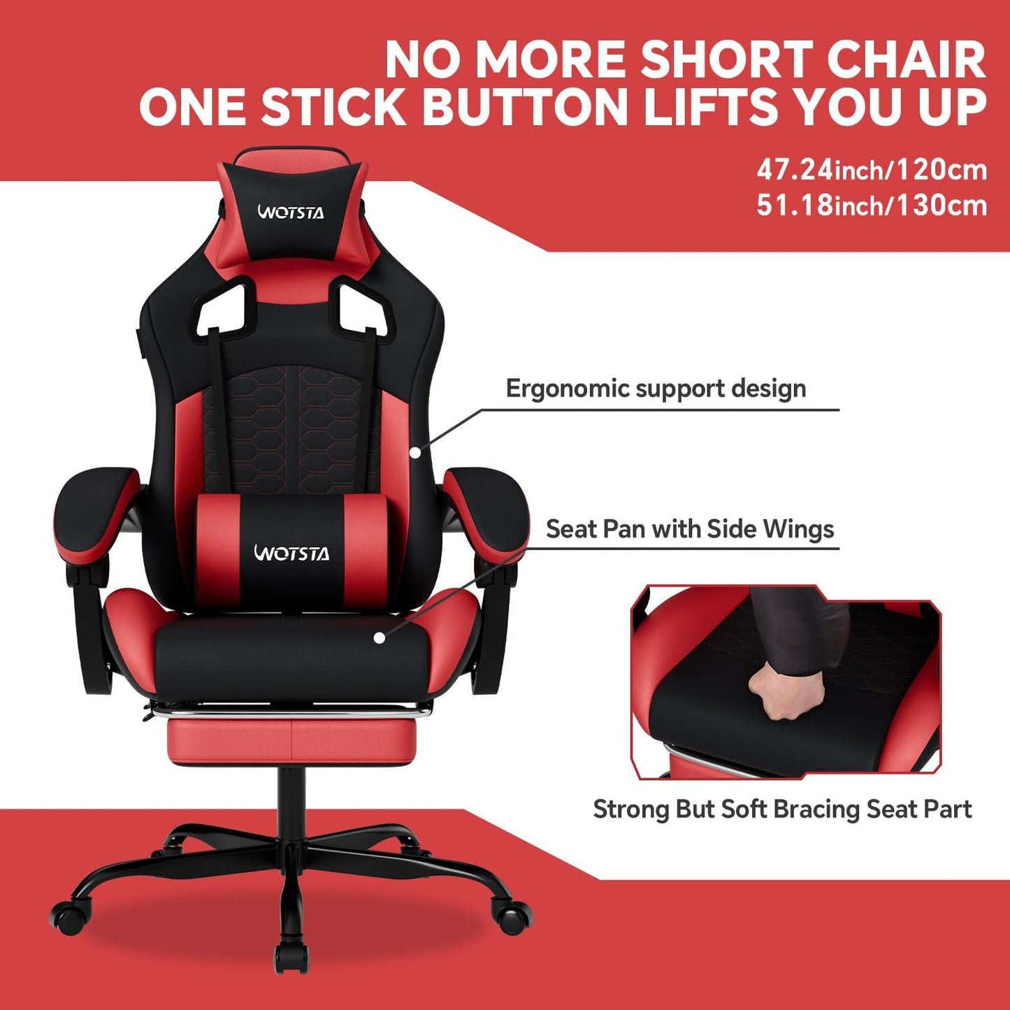 Gaming Chair with Footrest,High Back with Massage Reclining Computer Chair， Big and Tall Racing Gaming Chair Ergonomic Game Chair for Adults PVC Leather (Red)