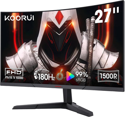 KOORUI 24 Inch Gaming Monitor - FHD 1080P Curved Monitors 180Hz VA, Built-in Adaptive Sync with 1ms, 1500R with Ultra-Thin, HDMI X2 / DP, VESA Compatible, Tilt Adjustable, Eye Care 24E6CA