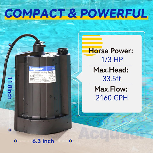 Acquaer 1/3 HP Automatic Submersible Water Pump, 115V Sump Pump with 3/4” Garden Hose Check Valve Adapter,2160 GPH High Flow Water Removal for Swimming Pool Cover Hot Tubs Flooded House Basement