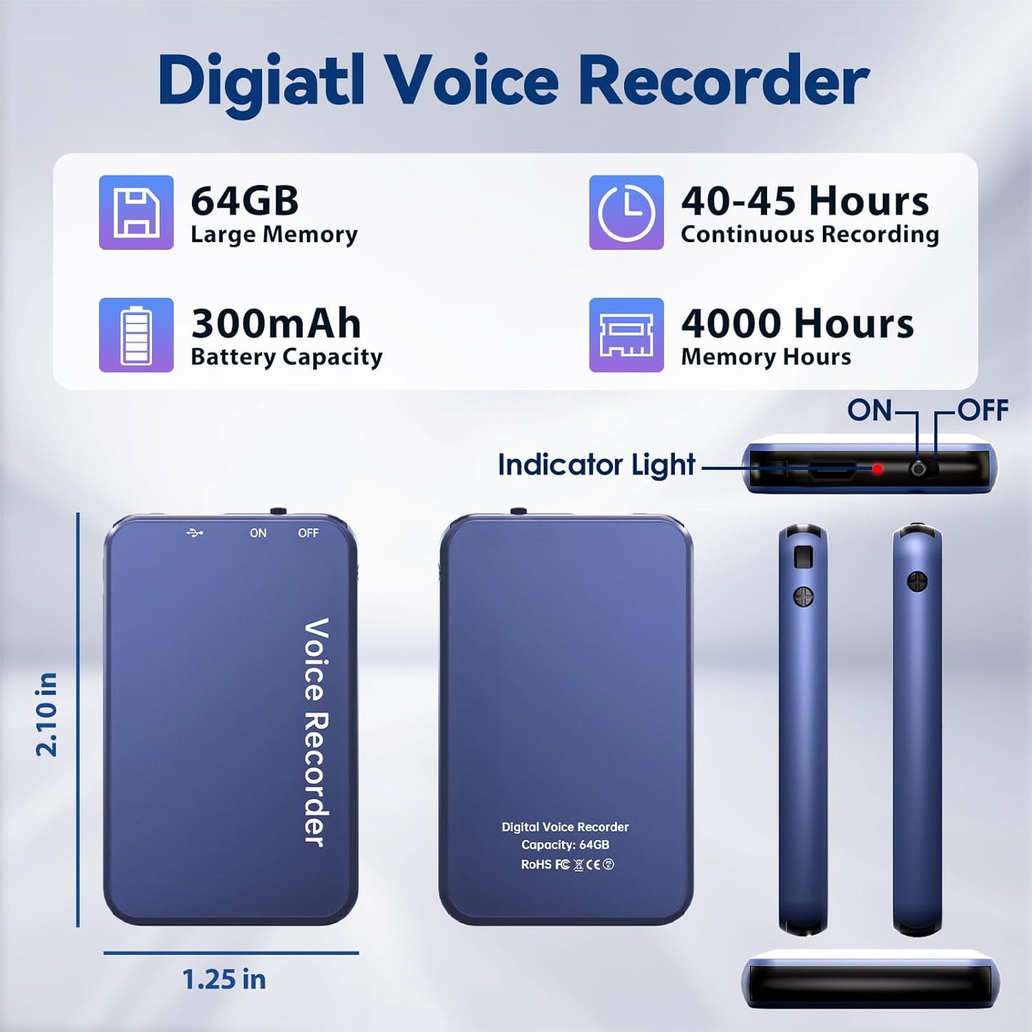 64GB Digital Voice Recorder, Vormooi Voice Activated Recorder with 40 Hours Long Recording Time for Class Lecture Meeting, 64GB Voice Recorder with Playback