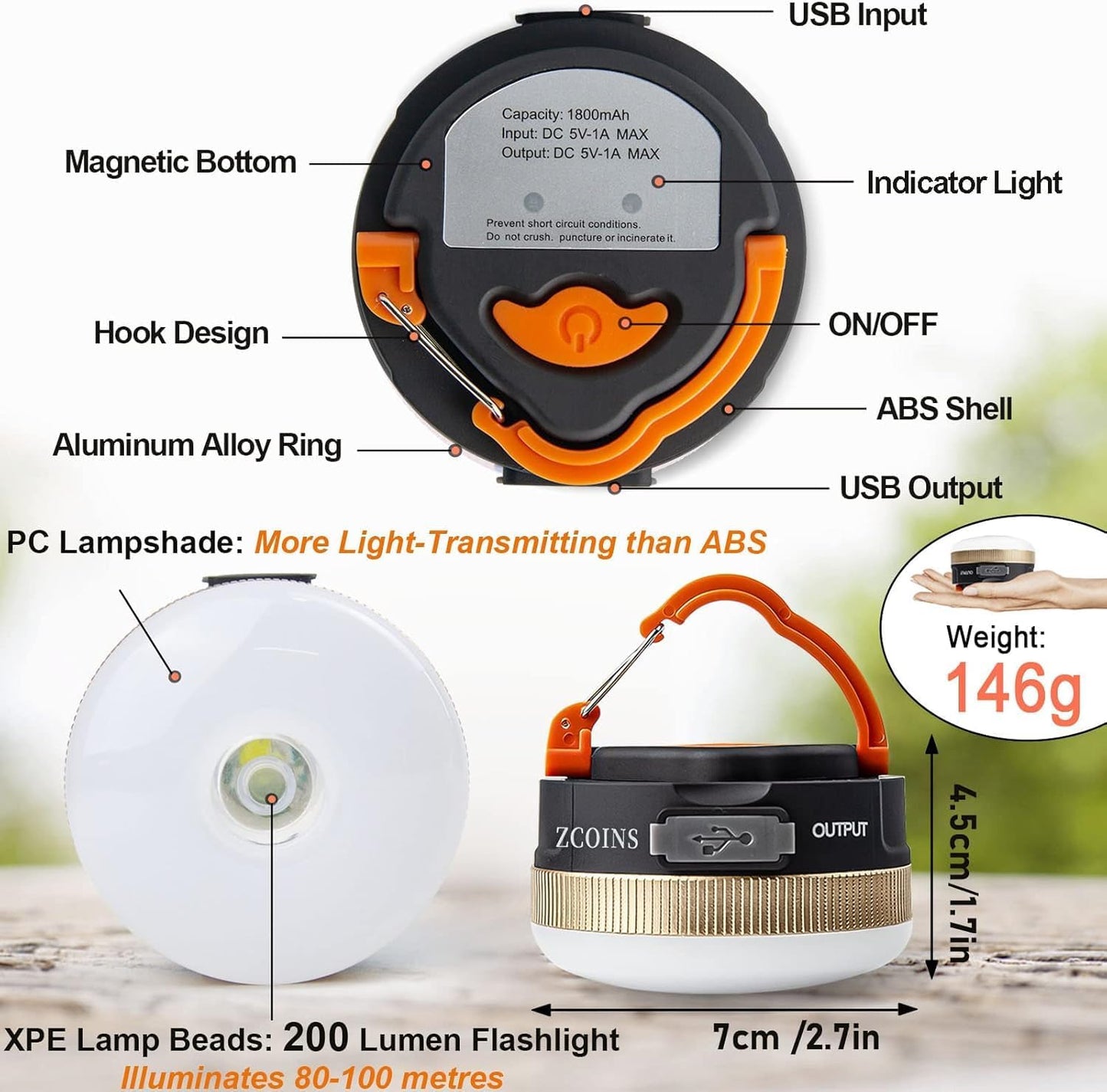 2 Pack Camping Lights Lanterns, USB Rechargeable LED Tent Light with Magnetic Base, 4 Modes with Hook, Portable Waterproof Outdoor Camping Lantern for Hiking, Fishing, Emergency