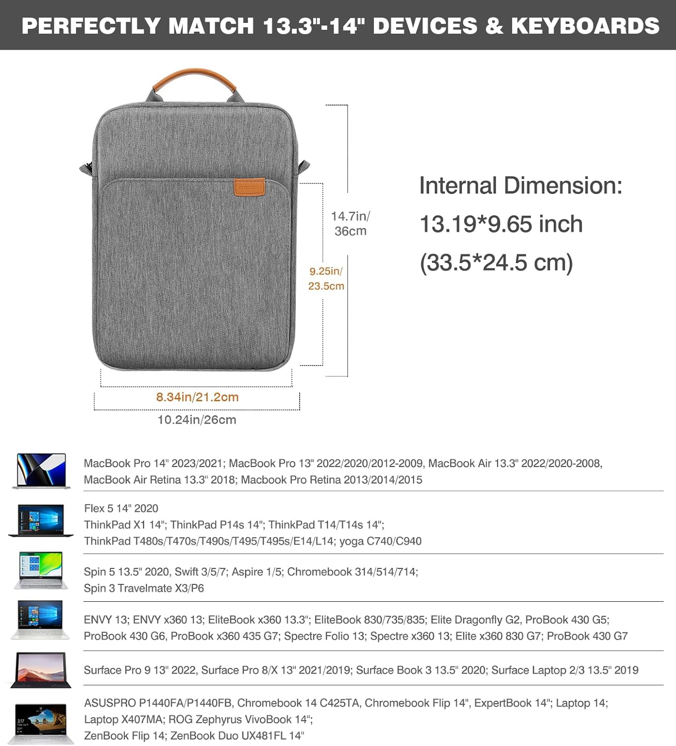 MoKo 13.3-14 Inch Laptop Sleeve Bag Fits MacBook Pro M3/M2 14" 2023, MacBook Pro 13" M2, New MacBook Air 13.6" M3/M2 2024/2022,Tab S8 Ultra 14.6",Handle Carrying Case with Shoulder Strap, Black & Gray - PuriLite