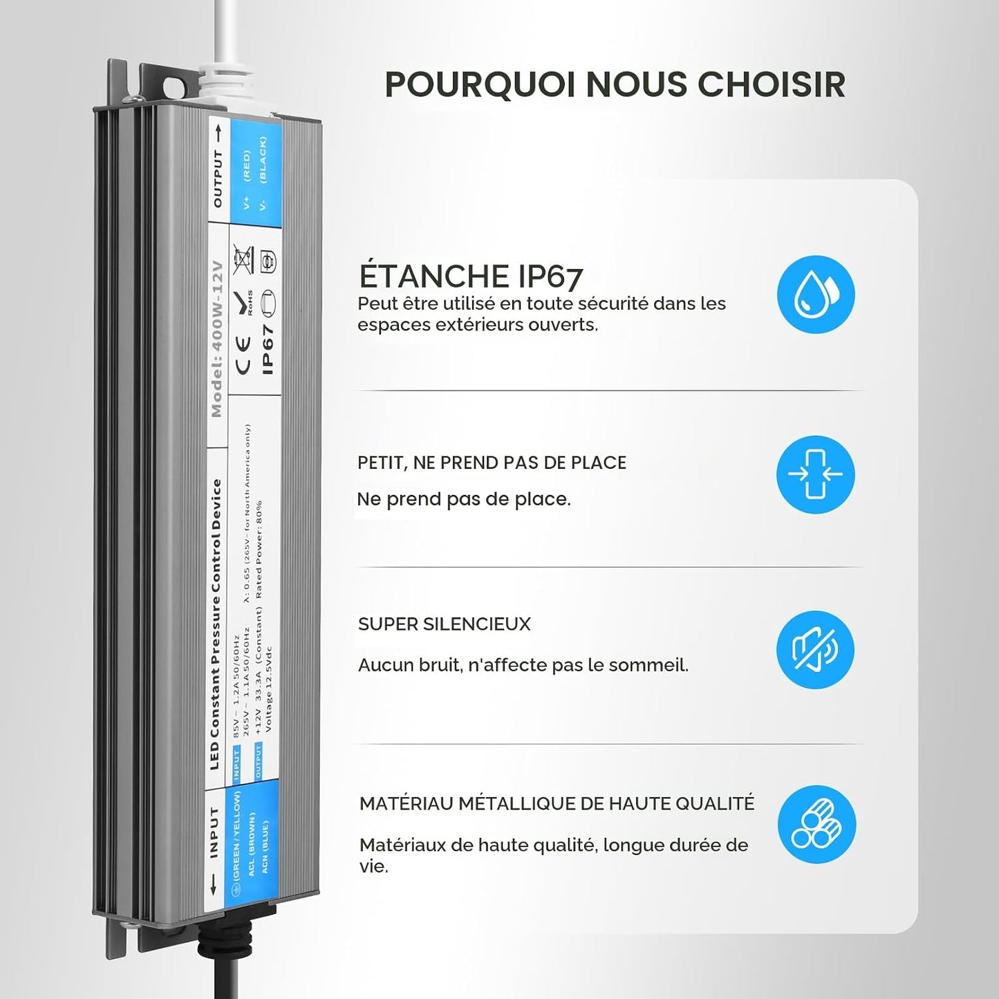 LED Driver 100 Watts Waterproof IP67 Power Supply 85V-265V AC to 12V DC Converter,Quiet and Small LED Transformer Low Voltage Output with 3-Prong Plug 3 Feet Cable for LED Light Strip, Outdoor