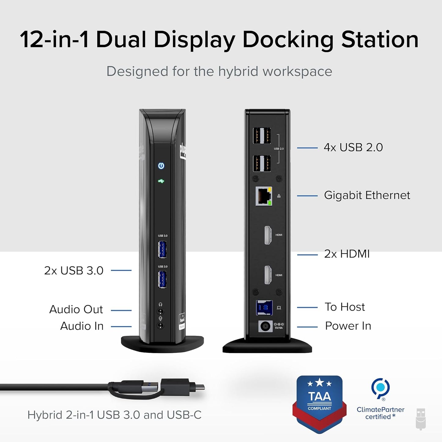 Plugable USB 3.0 Universal Laptop Docking Station Dual Monitor for Windows and Mac, USB 3.0 or USB-C, (Dual Video: HDMI and HDMI/DVI/VGA, Gigabit Ethernet, Audio, 6 USB Ports)