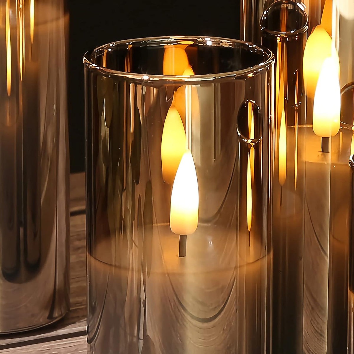 Eywamage Slim Tall Grey Glass Flameless Candles with Remote, Batteries Included, Flickering LED Pillar Votive Candles Set of 5