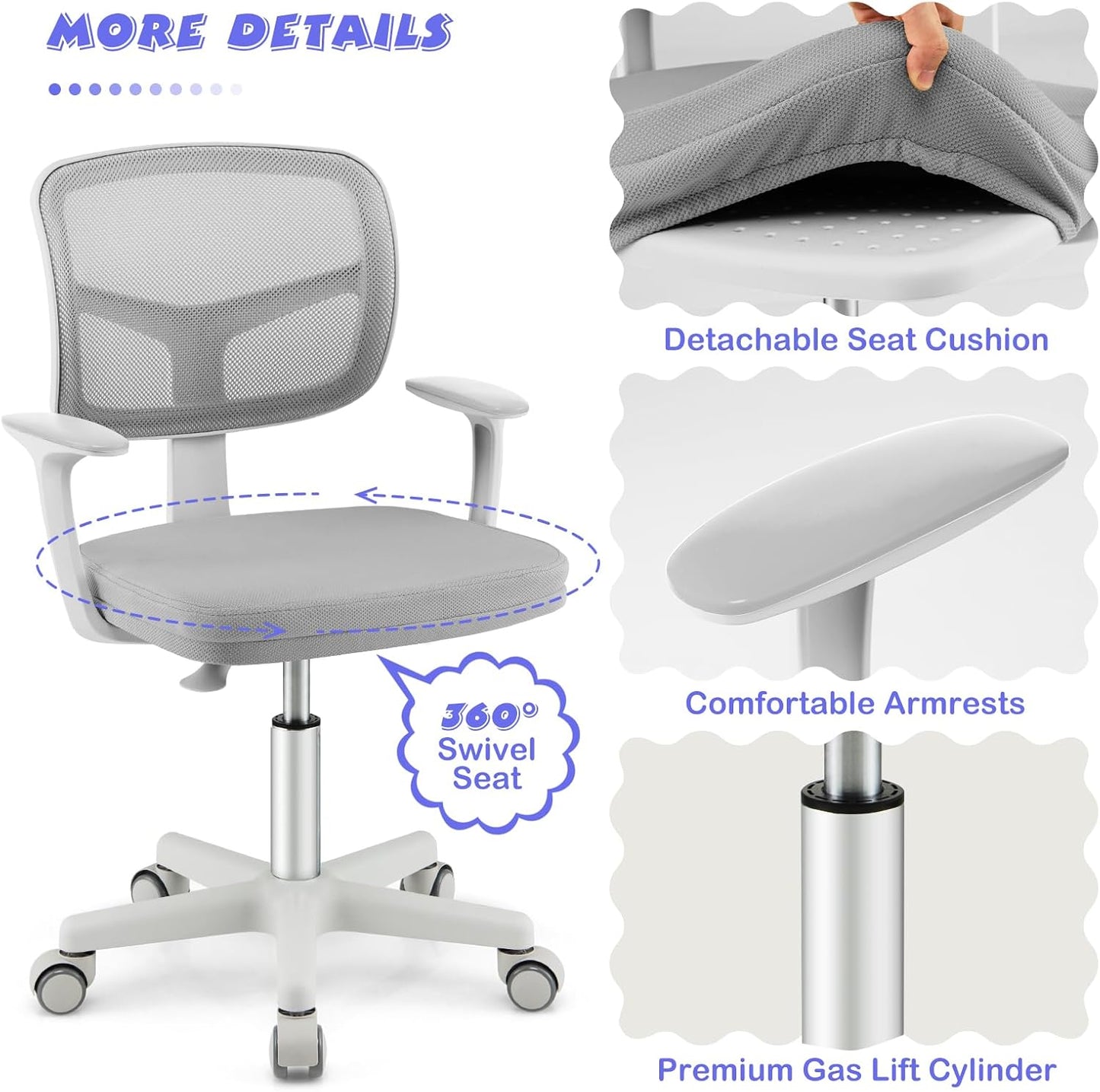 Costzon Kids Desk Chair, Children Study Computer Chair with Adjustable Height, Lumbar Support, Smooth Casters, Swivel Mesh Seat, Ergonomic Kids Task Chair for 4-12, Home, School, Office (Grey)