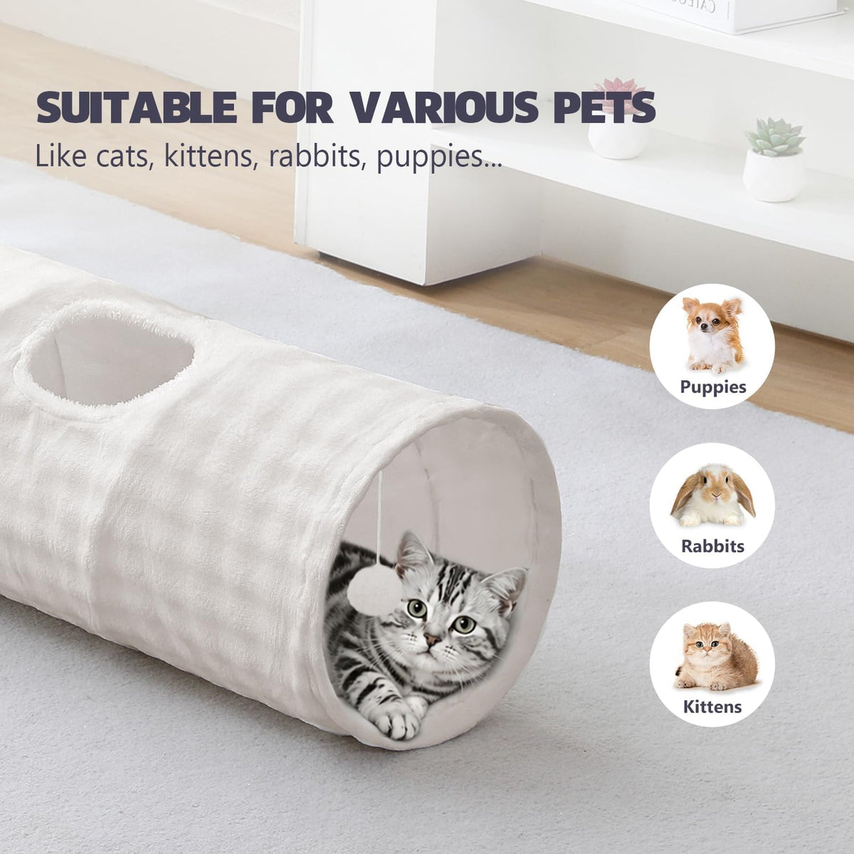 Straight Bubble Cat Tunnel for Indoor Cats 47"x12", Cream White