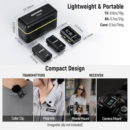 NEEWER CM28 Wireless Lavalier Microphone System with Charging Case, 1 Click Noise Canceling, 4GB Storage for 9Hrs of 48KHz 16 Bit Uncompressed Audio Lapel Mic Compatible with iPhone/Android/PC/Camera