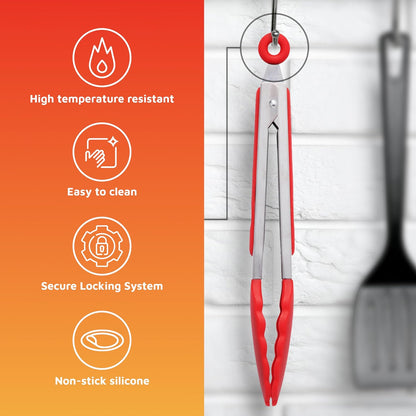 The Original Popco Tongs for Cooking - Set of 3 (7, 9, 12 inches) - Heavy Duty, 304 Stainless Steel BBQ and Kitchen Tongs with Silicone Tips (3 Colors Available)