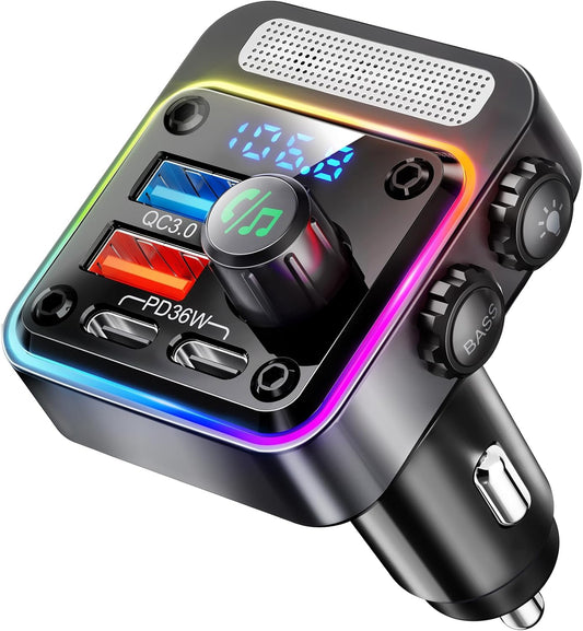 Nulaxy 54W [PD 36W & QC3.0 18W] Bluetooth 5.3 Car Adapter with 4 Charging Ports, Wireless Radio FM Transmitter Audio Receiver with Deep Bass MP3 Music Player, 5 Colors LED Backlit, Hands-Free Calling