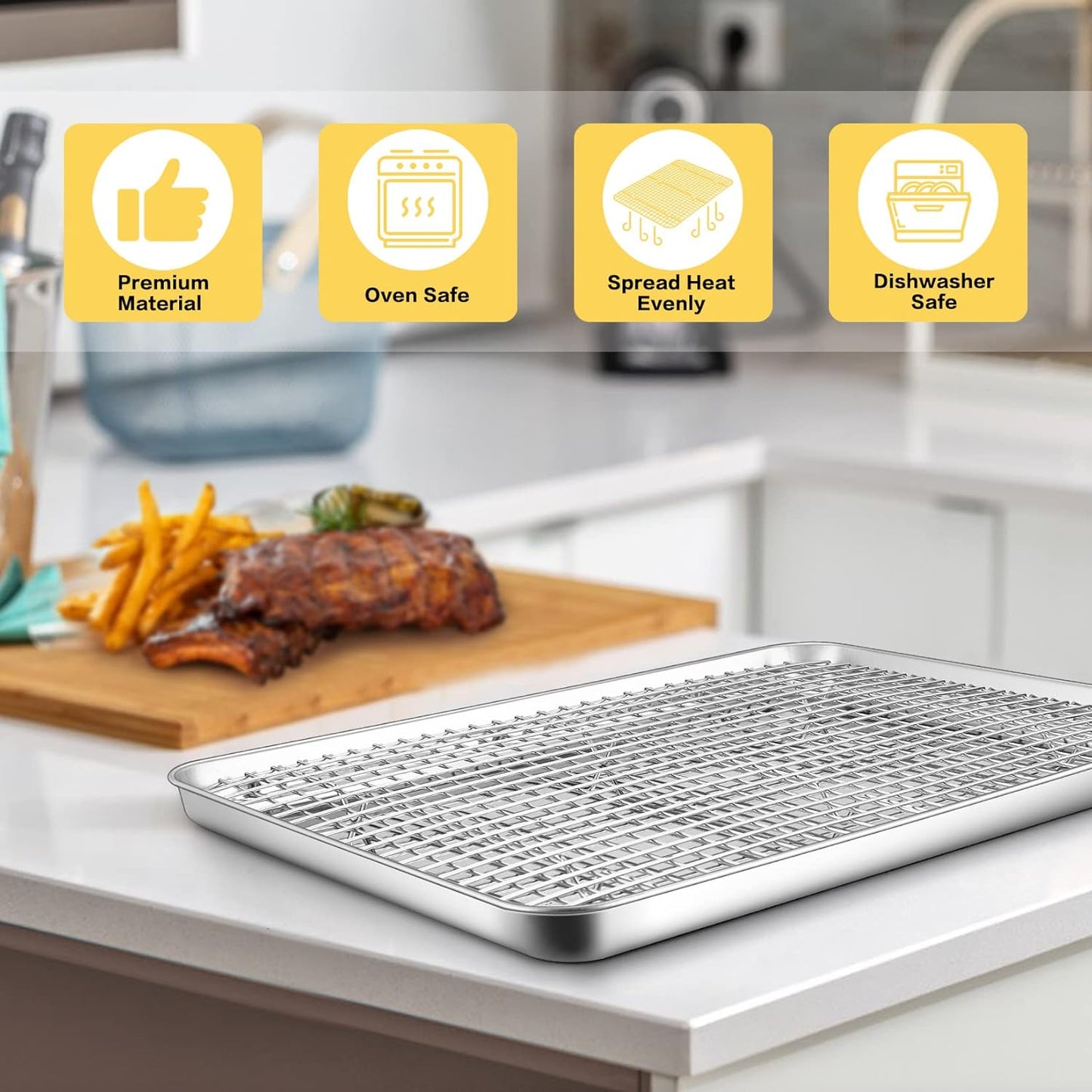 17.5 Inch Baking Sheet Pan with Rack Set, Joyfair Stainless Steel Half Size Oven Cookie Sheet Tray with Cooling Rack, Non-Toxic & Heavy Duty, Mirror Finishes &Easy Cleaning - (1 Pan + 1 Rack)