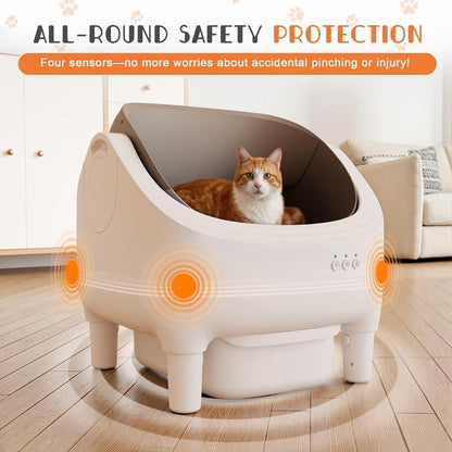 GUNJI Self Cleaning Cat Litter Box, Open-Top Automatic Self-Cleaning Litter Box, Design for Multi-Cat Families, Integrated Safety Protection, Includes Trash Bags (Brown)