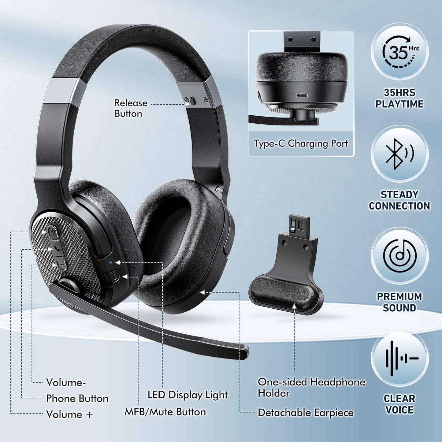 Trucker Bluetooth Headset, Wireless Headsets with Noise Cancelling Microphone, 40+Hrs HD Talktime Bluetooth Headphones with Detachable Earpad/Single+Dual Mode for Office/Driving/Home