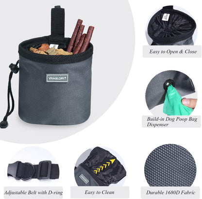 VIVAGLORY Dog Treat Bags, Puppy Pet Dog Training Treats Pouch Hands-Free 2 Ways to Wear with Adjustable Waistband and Built-in Dog Waste Bag Dispenser, Grey