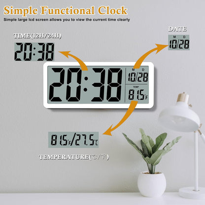 QINYUNE Digital LCD Wall Clock Easy to Set, 8.5 Inch LCD Screen with Time/Date/Temperature Display,Simple Digital Desk Clock with 12/24H for Bedroom Living Room Office