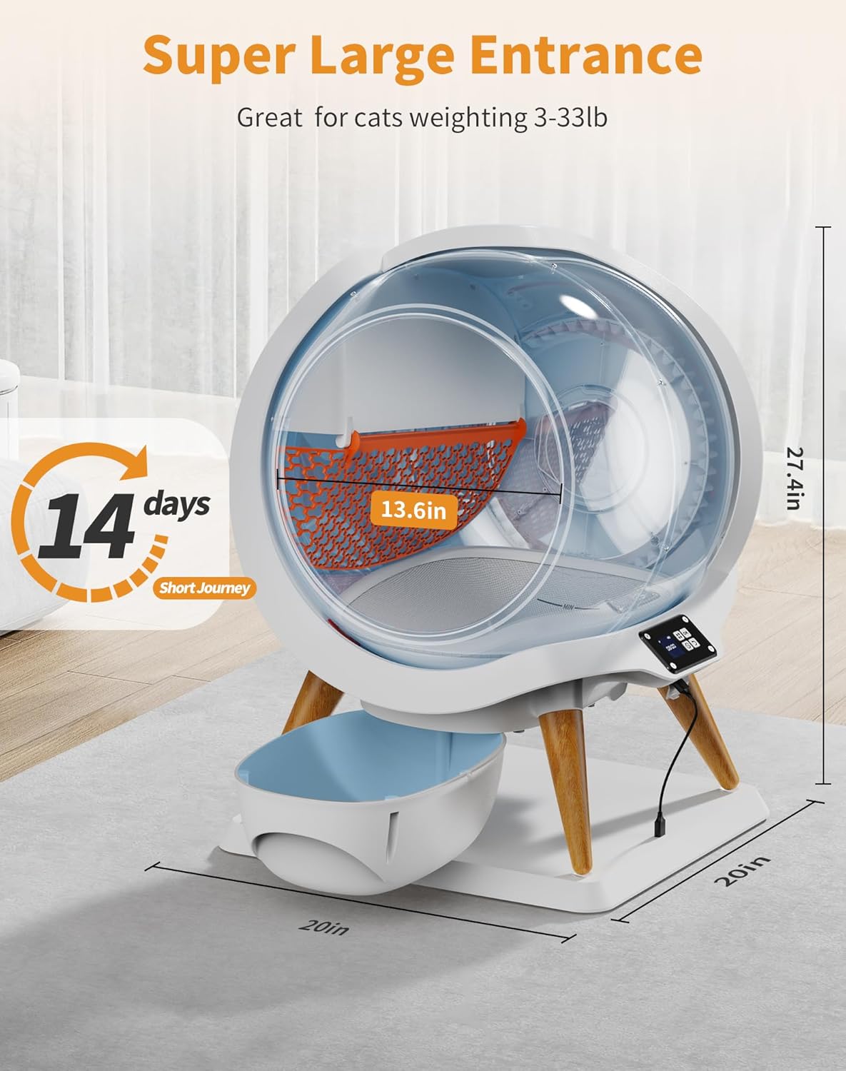 HoneyGuaridan Self Cleaning Cat Litter Box, Automatic Cat Litter Box for Multiple Cats,Water Rinsable and Easy to Clean,APP Control,Integrated Safety Protection,2 Roll Garbage Bags