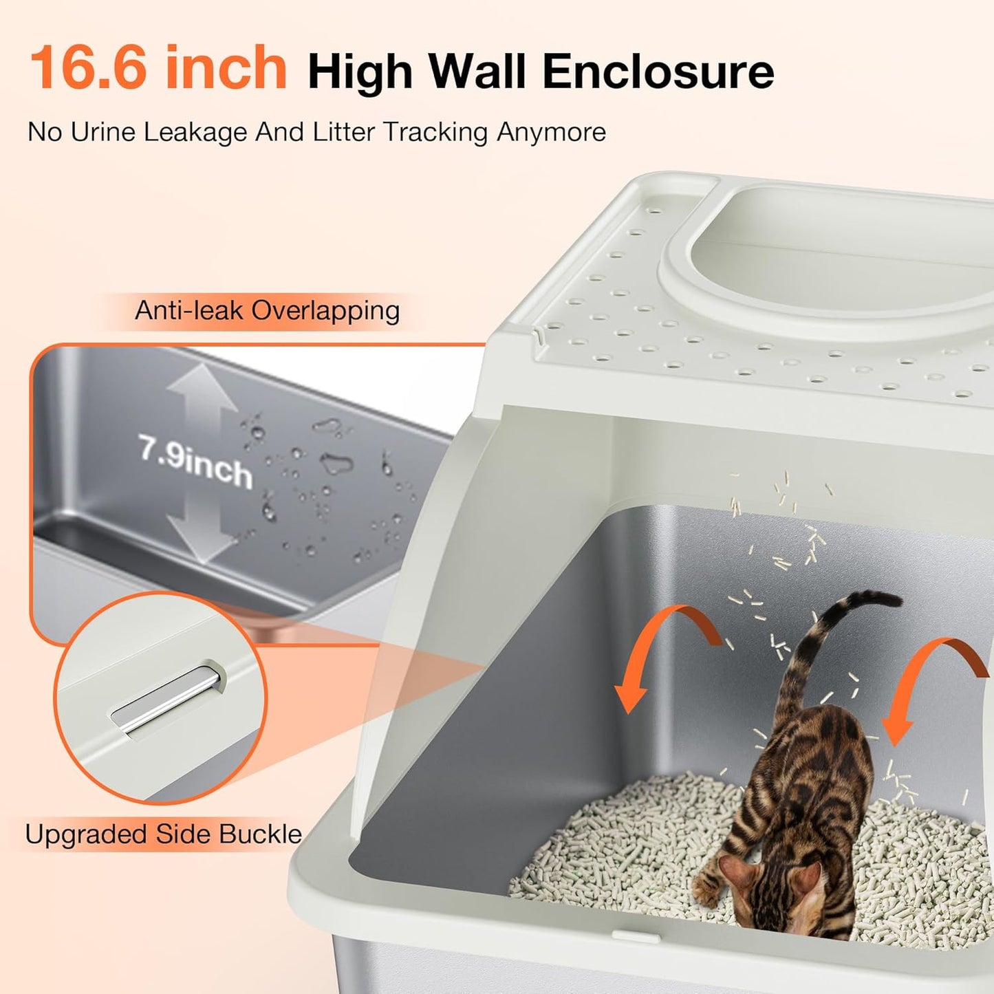 Stainless Steel Litter Box, XXL Large Metal Covered Litter Boxes, Dual Entrance Detachable Cat Litter Box with Lid, 16.6'' High Wall Urine Leak Prevention with Cat Litter Scoop (Gray)