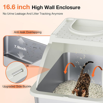 Stainless Steel Litter Box, XXL Large Metal Covered Litter Boxes, Dual Entrance Detachable Cat Litter Box with Lid, 16.6'' High Wall Urine Leak Prevention with Cat Litter Scoop (Gray)