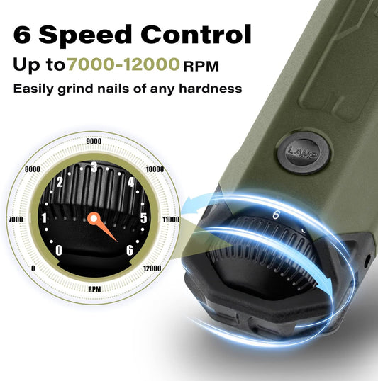 Casfuy 6-Speed Dog Nail Grinder - Newest Enhanced Pet Nail Grinder Super Quiet Rechargeable Electric Dog Nail Trimmer Painless Paws Grooming & Smoothing Tool for Large Medium Small Dogs (Army Green) - PuriLite