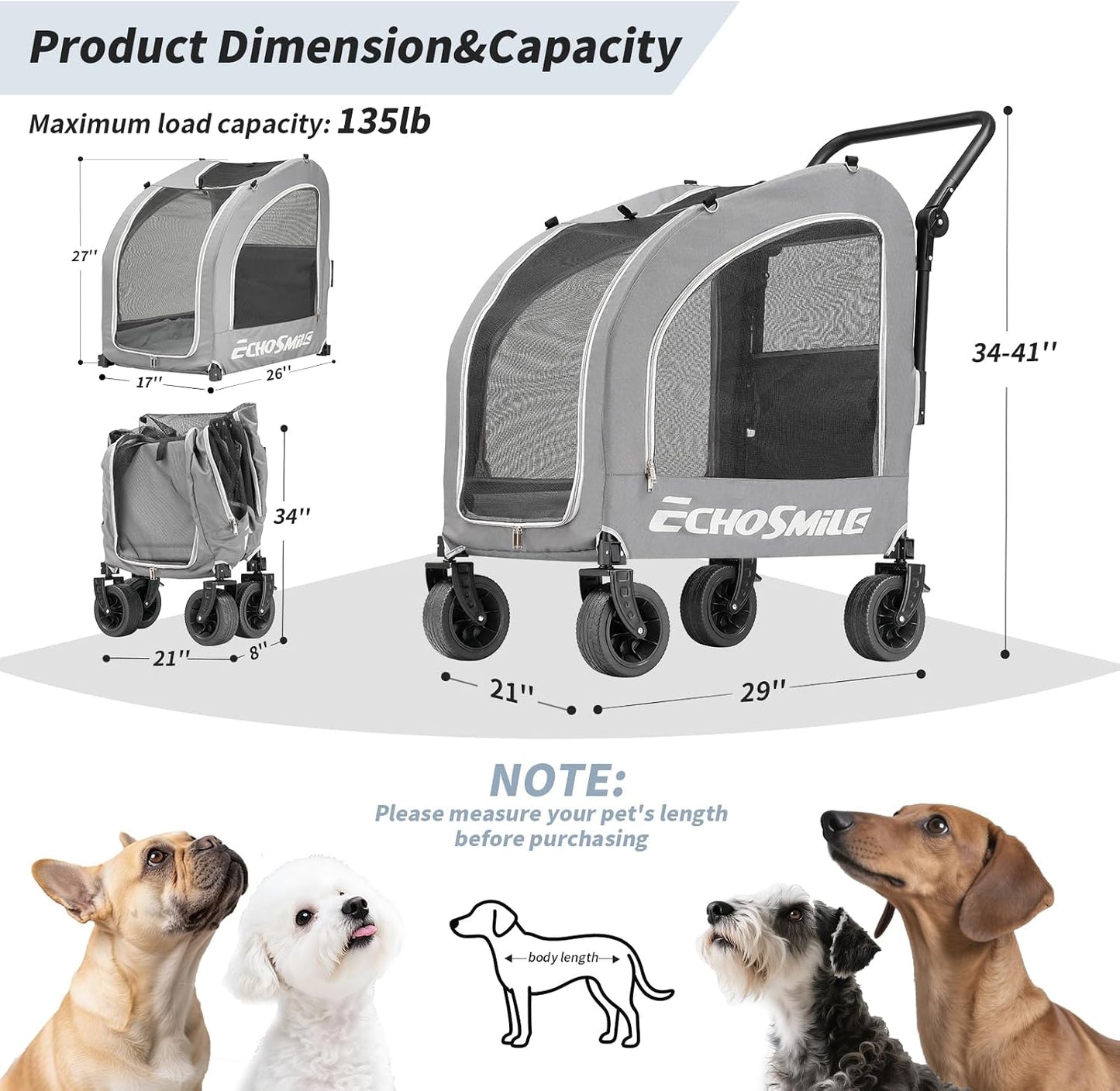 EchoSmile Dog Stroller for Small Medium Dogs Cats Up to 135 lbs, All-Terrain Pet Stroller with Dual Brakes, Car Safe Travel Puppy Carrier,Gray