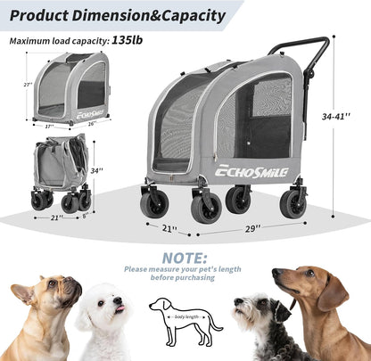 EchoSmile Dog Stroller for Small Medium Dogs Cats Up to 135 lbs, All-Terrain Pet Stroller with Dual Brakes, Car Safe Travel Puppy Carrier,Gray
