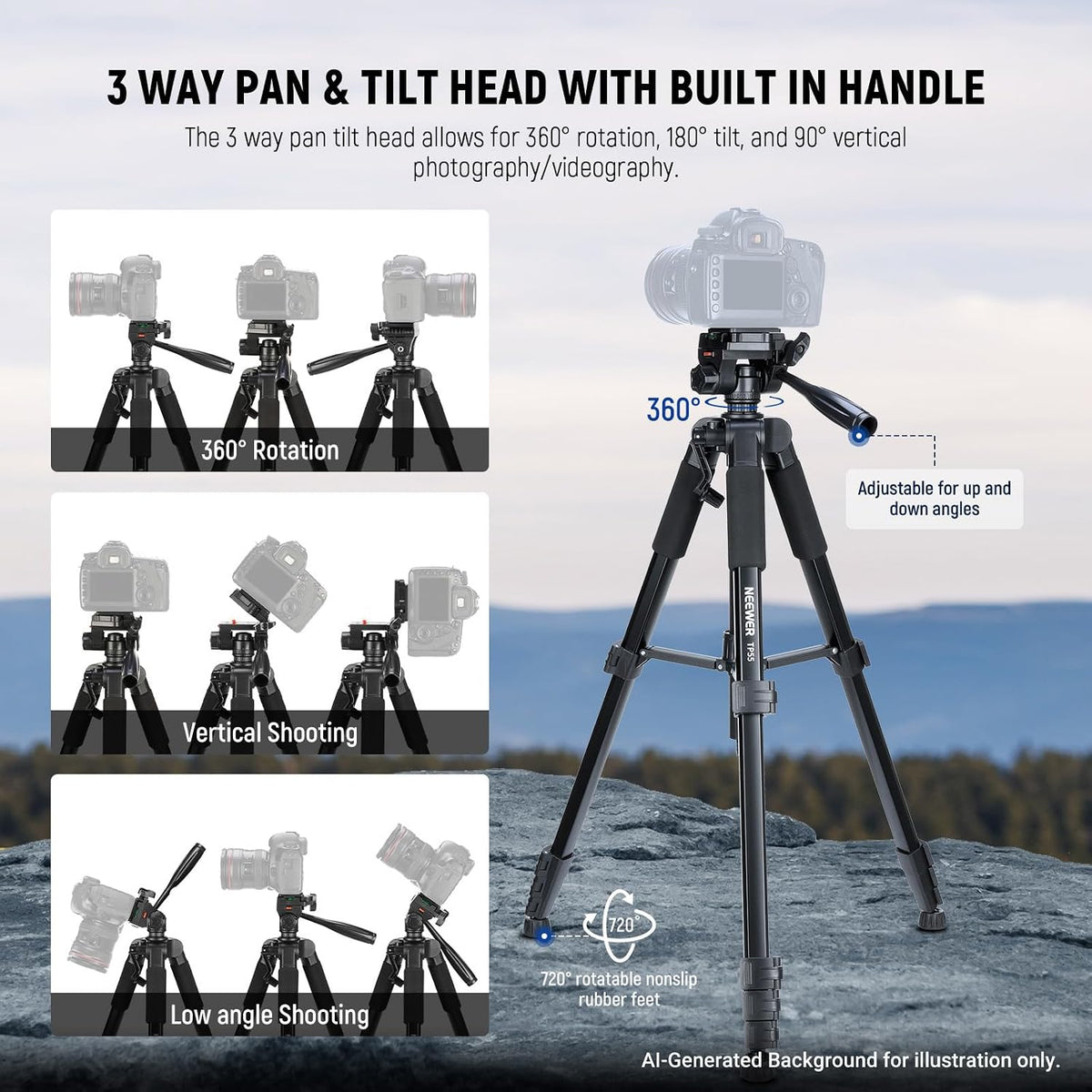 NEEWER BASICS Camera Tripod, 71'' Tripod with Cell Phone Holder Mount Compatible with iPhone for Video Recording, Professional Aluminum Lightweight Portable Travel Stand with 3 Way Pan Tilt Head, TP55