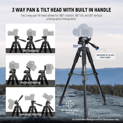 NEEWER BASICS Camera Tripod, 71'' Tripod with Cell Phone Holder Mount Compatible with iPhone for Video Recording, Professional Aluminum Lightweight Portable Travel Stand with 3 Way Pan Tilt Head, TP55