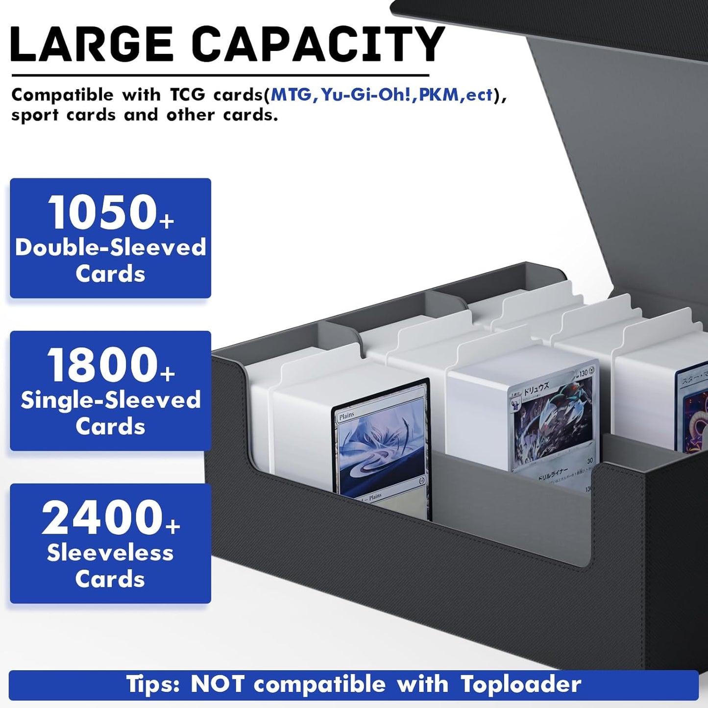 ZLCA Card Storage Box for MTG PTCG, Commander Deck Box Holds 3000+ Cards, Card Storage Case with 4 Stoppers, Card Organizer for TCG Sport Cards (Black)