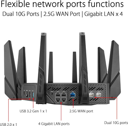 ASUS ROG Rapture WiFi 6E Gaming Router (GT-AXE16000) - Quad-Band, 6 GHz Ready, Dual 10G Ports, 2.5G WAN Port, AiMesh Support, Triple-Level Game Acceleration, Lifetime Internet Security, Instant Guard