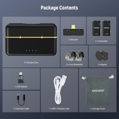 NEEWER CM28 Wireless Lavalier Microphone System with Charging Case, 1 Click Noise Canceling, 4GB Storage for 9Hrs of 48KHz 16 Bit Uncompressed Audio Lapel Mic Compatible with iPhone/Android/PC/Camera