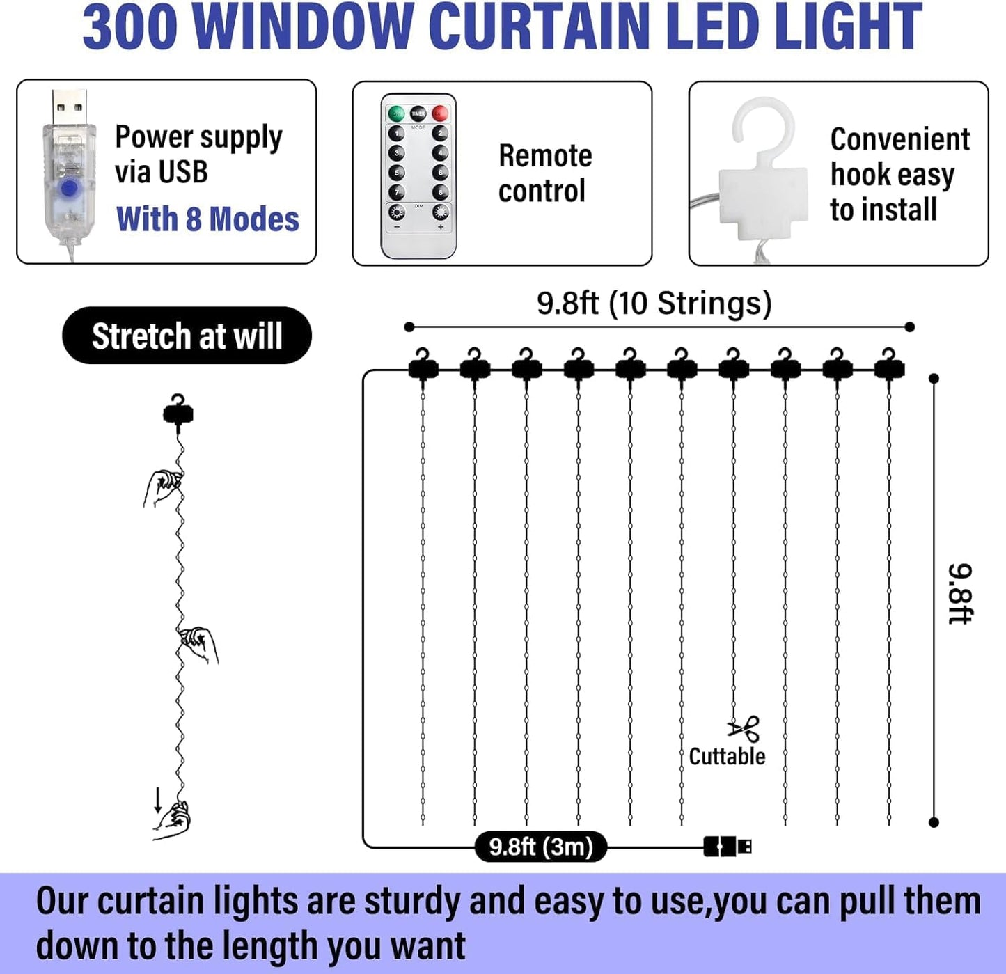 2 Pack Fairy Curtain Lights, Total 600 LED USB Plug in 8 Modes 9.8x9.8Ft Christmas String Hanging Lights with Remote for Bedroom, Indoor, Outdoor, Weddings, Party, Wall, Decorations, Warm White
