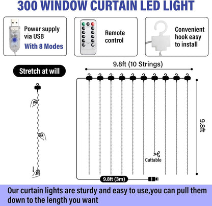 2 Pack Fairy Curtain Lights, Total 600 LED USB Plug in 8 Modes 9.8x9.8Ft Christmas String Hanging Lights with Remote for Bedroom, Indoor, Outdoor, Weddings, Party, Wall, Decorations, Warm White