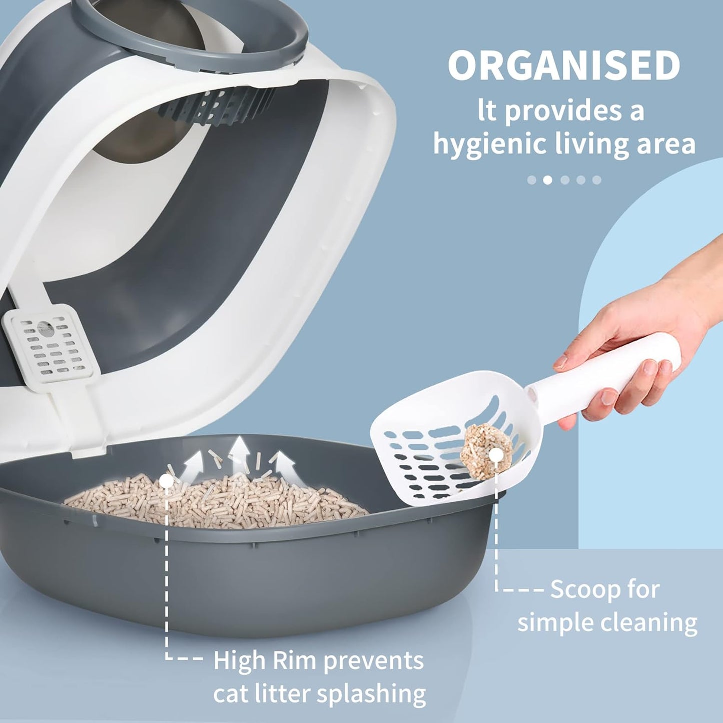 PawHut Foldable Large Cat Litter Box with Lid, Covered Kitten Litter Box w/Automatic Cat Litter-Proof Sides, Deodorization, Easy to Clean, White and Grey