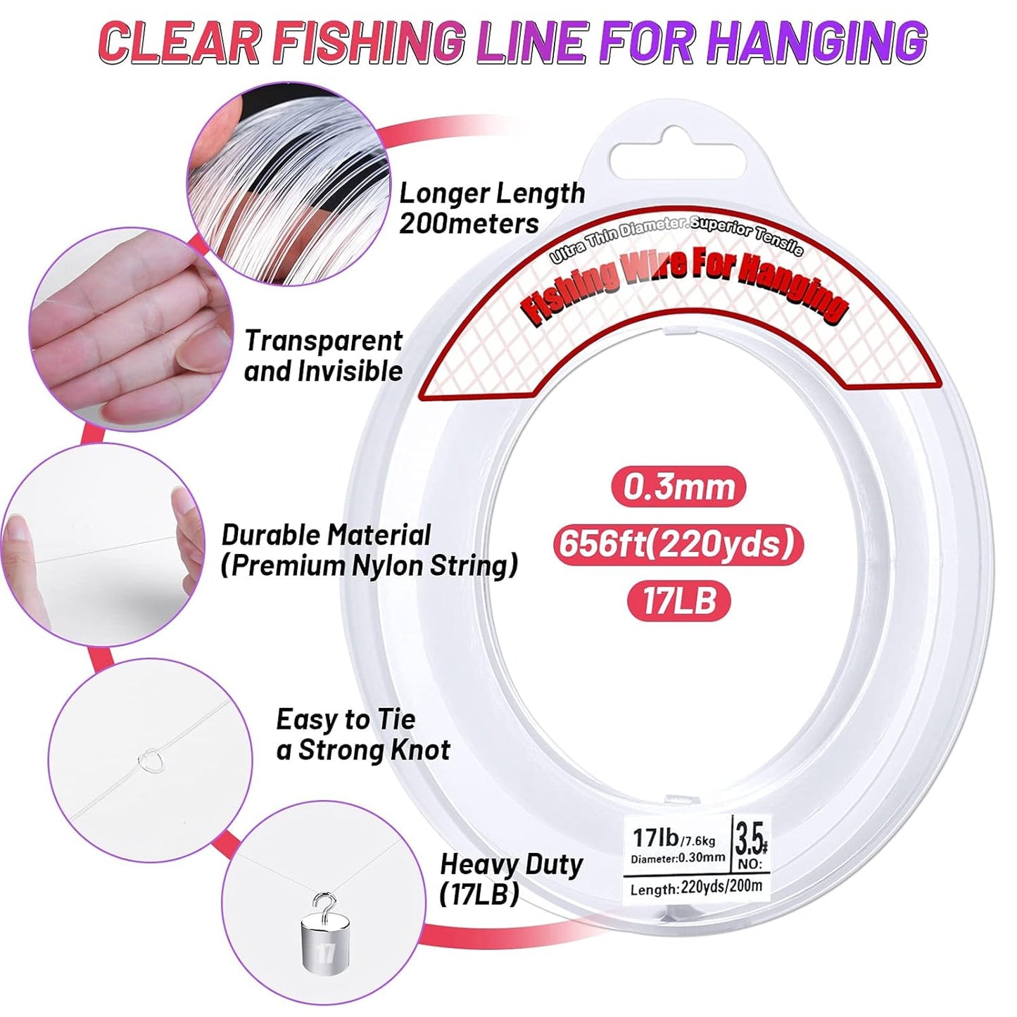Clear Fishing Wire, Acejoz 656FT Fishing Line Clear Invisible Hanging Wire Strong Nylon String Supports 40 Pounds for Balloon Garland Hanging Decorations