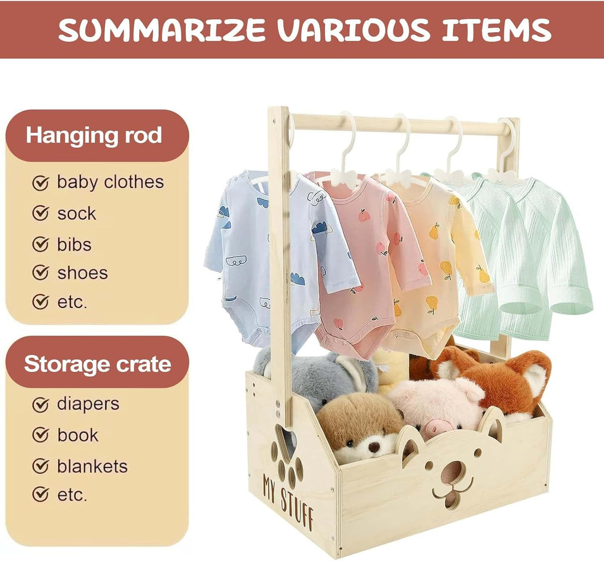 Wooden Baby Storage Organizer | Nursery Basket with 5 Hangers
