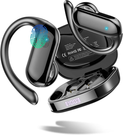 Open Ear Headphones, Bluetooth 5.4 Wireless Earbuds with HD Clear Calls, 32Hrs Immersive Stereo Air Conduction Earphones with Earhooks, LED Display, IPX7 Lightweight Open Ear Buds for Sports Blue