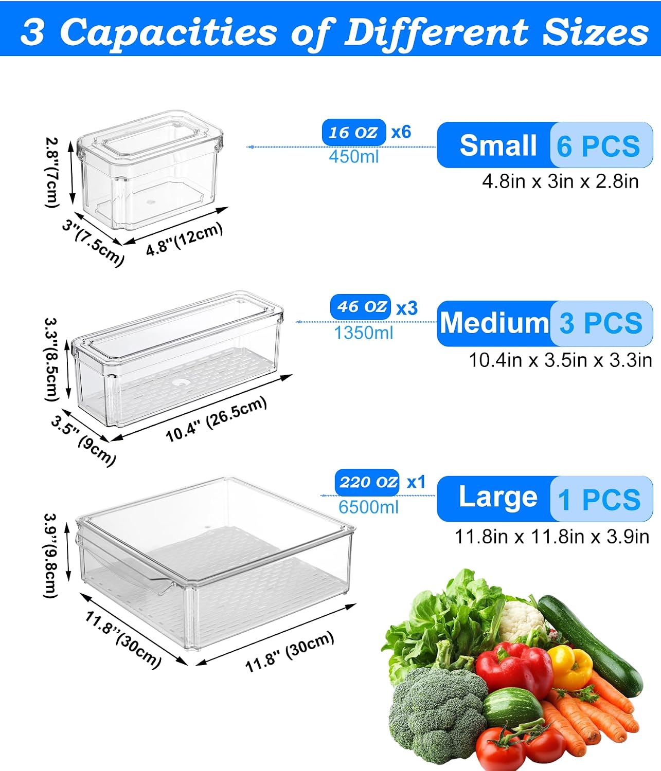 Pure Future 10-Pack Fridge Organizers and Storage with Lids - Clear Plastic Refrigerator Bins with Drain Trays - Stackable Produce Saver for Fruit, Veggies and Pantry, BPA-Free