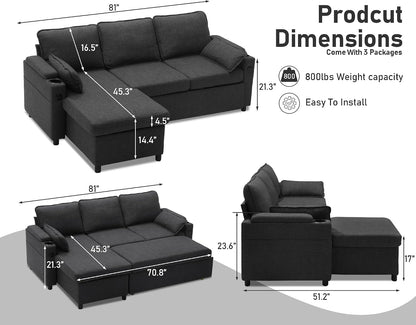 DURASPACE Sofa Bed Sleeper Pull Out 2 in 1 Sectional Sleeper Sofa Couches with Storage,USB, Cup Holder,Pullout Sectional Couches for Apartment Living Room (Dark Gray Linen)