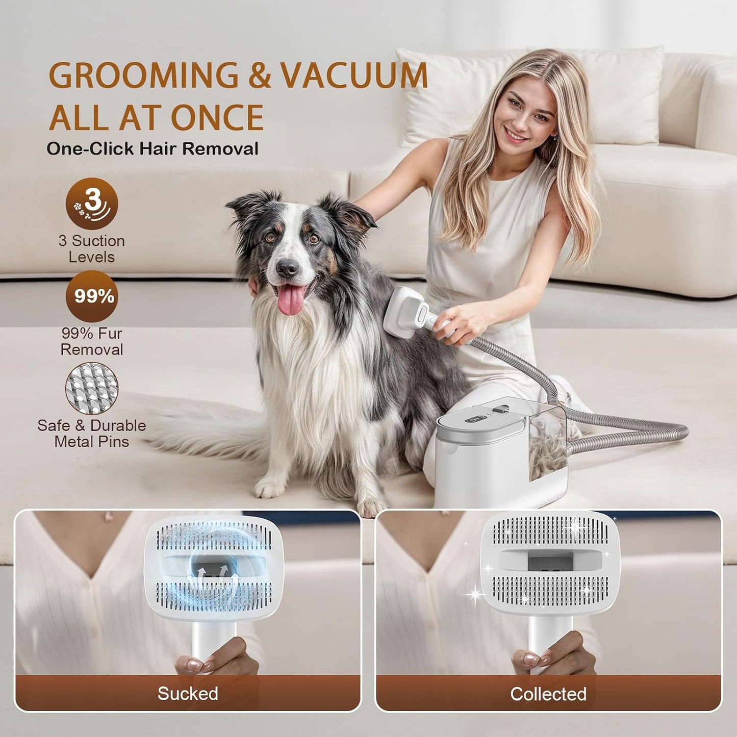Dog Grooming Vacuum, Dog Grooming Kit, 3 Suction Modes Dog Brush Vacuum with 5 Pet Grooming Tools (Wheaten)