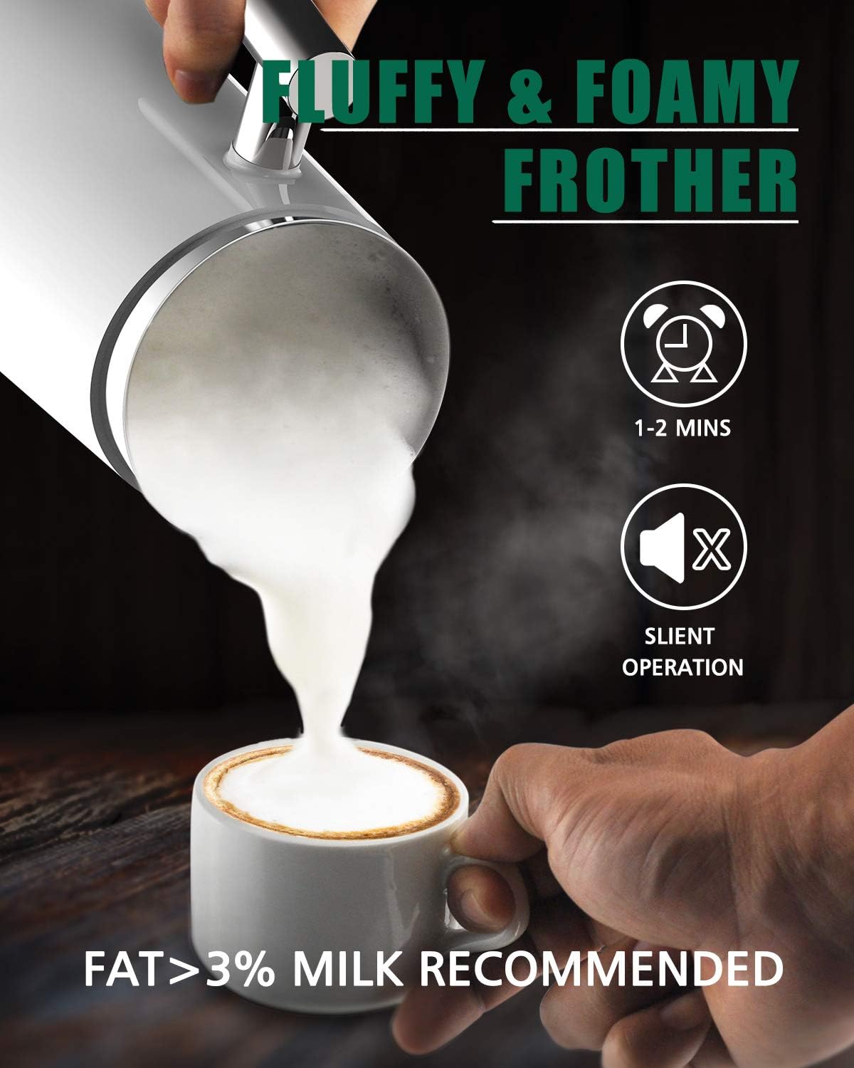 Huogary Milk Frother, Milk Steamer for Milk Foam & Hot Milk(4.5oz/10.5oz), Electric Milk Frother and Warmer for Homemade Coffee, 120V (White)