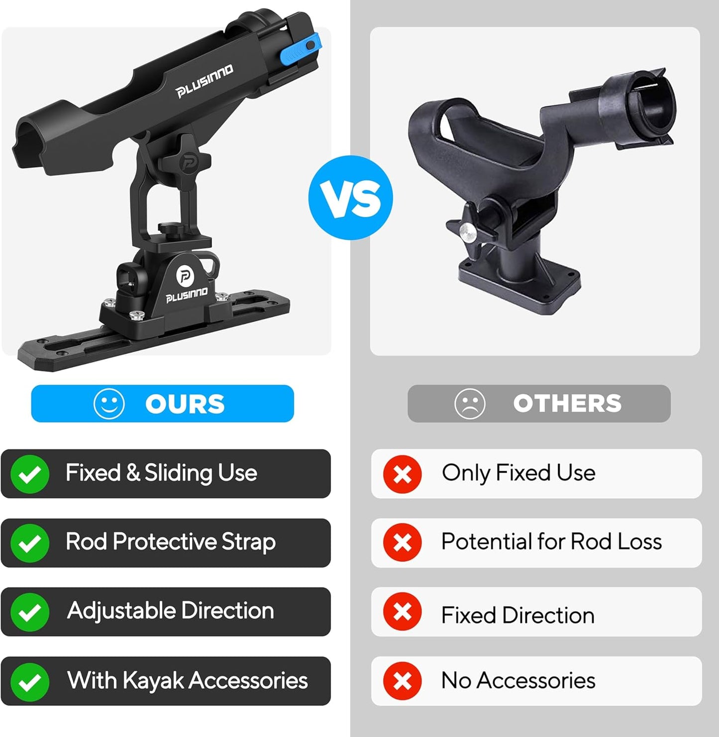 PLUSINNO 2 in 1 Fishing Rod Holders for Boat, Kayak Fishing Rod Holder, Fishing Pole Holders for Track Mount/Deck Mount, Fishing Gear with Fishing Rod Protective Strap, Fishing Accessories & Gifts