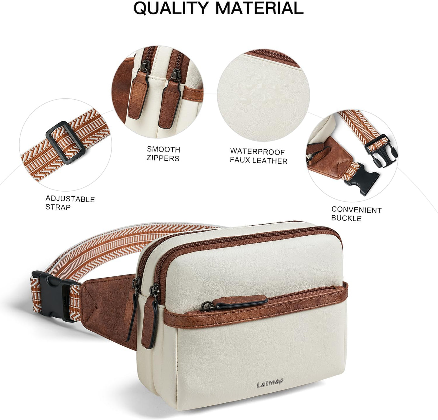 LATMAP 3L Fanny Pack Crossbody Bags for Women Men 4-Zipper Pockets Belt Bag Sling Waist Pack Faux Leather Chest Bag Purse Beige