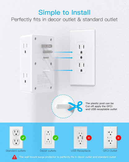 Wall Outlet Extender Surge Protector with 6 AC Outlets and 4 USB Ports, 3-Sided Multi Plug Wall Adapter with USB-C, 1800J Power Strip for Home, Office, and Dorm Room - PuriLite