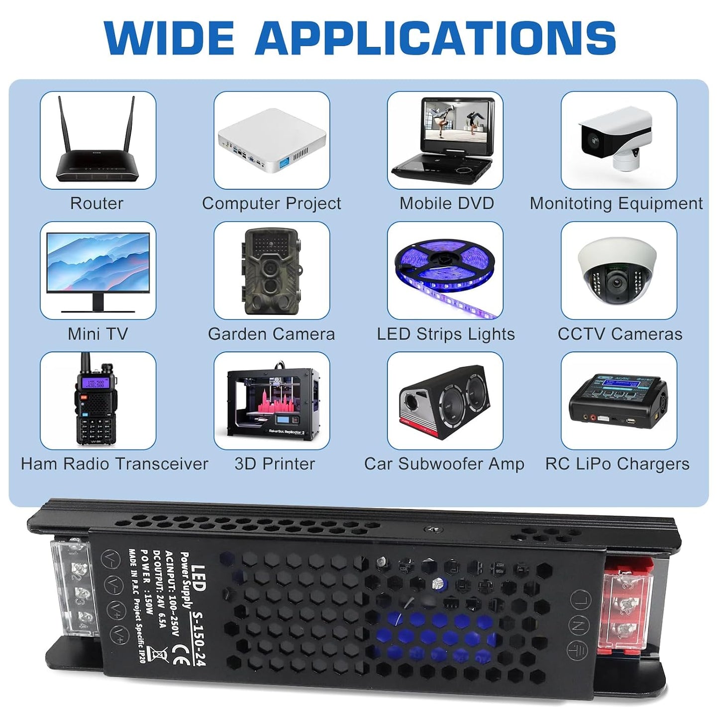 LED Driver 24V 150W 6.5A Slim LED Power Supply, AC 100-250V to 24V DC Adapter, Constant Voltage Transformer for LED Strip Lights, Bulbs, Garden Light, Cabinet Lights